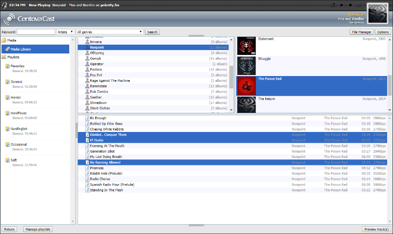Centova Cast control panel for streaming, playlists and your music library